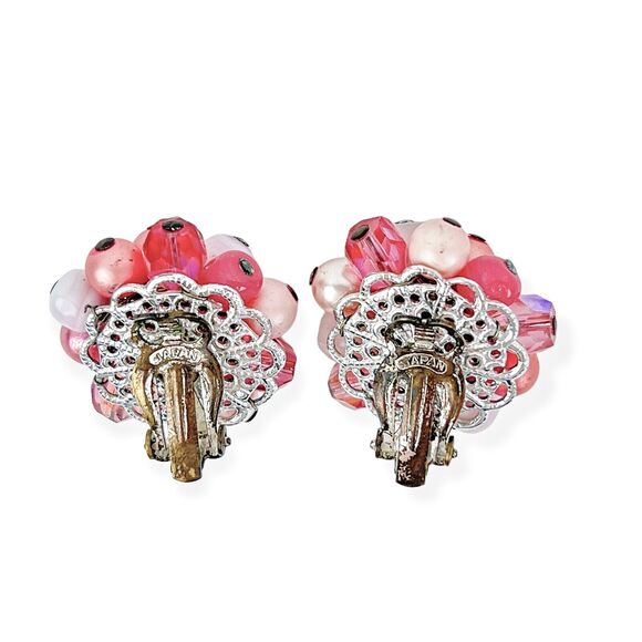 Vintage Earrings Clip On Round Cluster Pink White AB Beads Silver Tone Japan - Picture 4 of 5